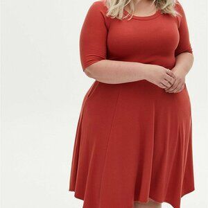 New Torrid Red Terracotta Rib Handkerchief Skater Dress